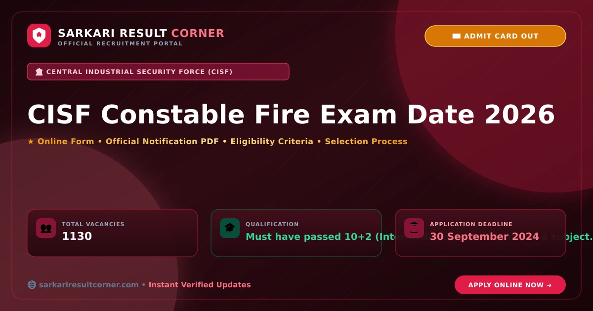 CISF Constable Fire Exam Date 2026: Apply Online for 1130 Posts CISF Constable Fire Exam Date 2026 Notification, Online Form, Eligibility & Exam Date - Sarkari Result Corner