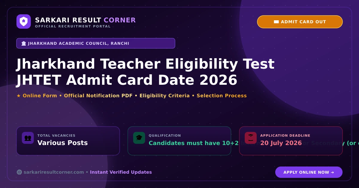 Jharkhand Teacher Eligibility Test JHTET Admit Card Date 2026: Apply Online for Various Posts Jharkhand Teacher Eligibility Test JHTET Admit Card Date 2026 Notification, Online Form, Eligibility & Exam Date - Sarkari Result Corner