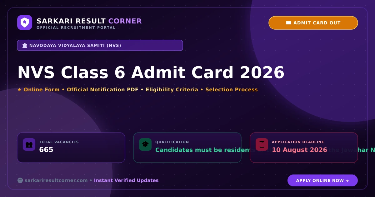 NVS Class 6 Admit Card 2026: Apply Online for 665 Posts NVS Class 6 Admit Card 2026 Notification, Online Form, Eligibility & Exam Date - Sarkari Result Corner