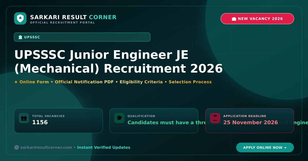 UPSSSC Junior Engineer JE (Mechanical) Recruitment 2026: Apply Online for 1156 Posts UPSSSC Junior Engineer JE (Mechanical) Recruitment 2026 Notification, Online Form, Eligibility & Exam Date - Sarkari Result Corner